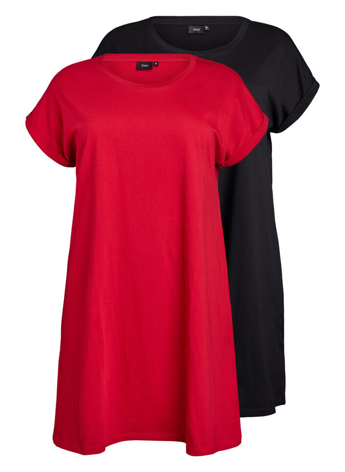 2-pack T-shirt dress with short sleeves, Red, Packshot image number 0