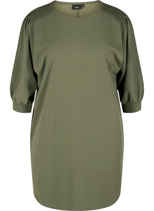 Solid-coloured tunic with 2/4 sleeves and pleated fold, Thyme, Packshot image number 0
