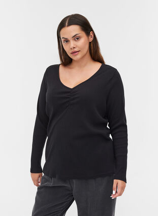 Ribbed cotton blouse with V-neck and ruching, Black, Model image number 0