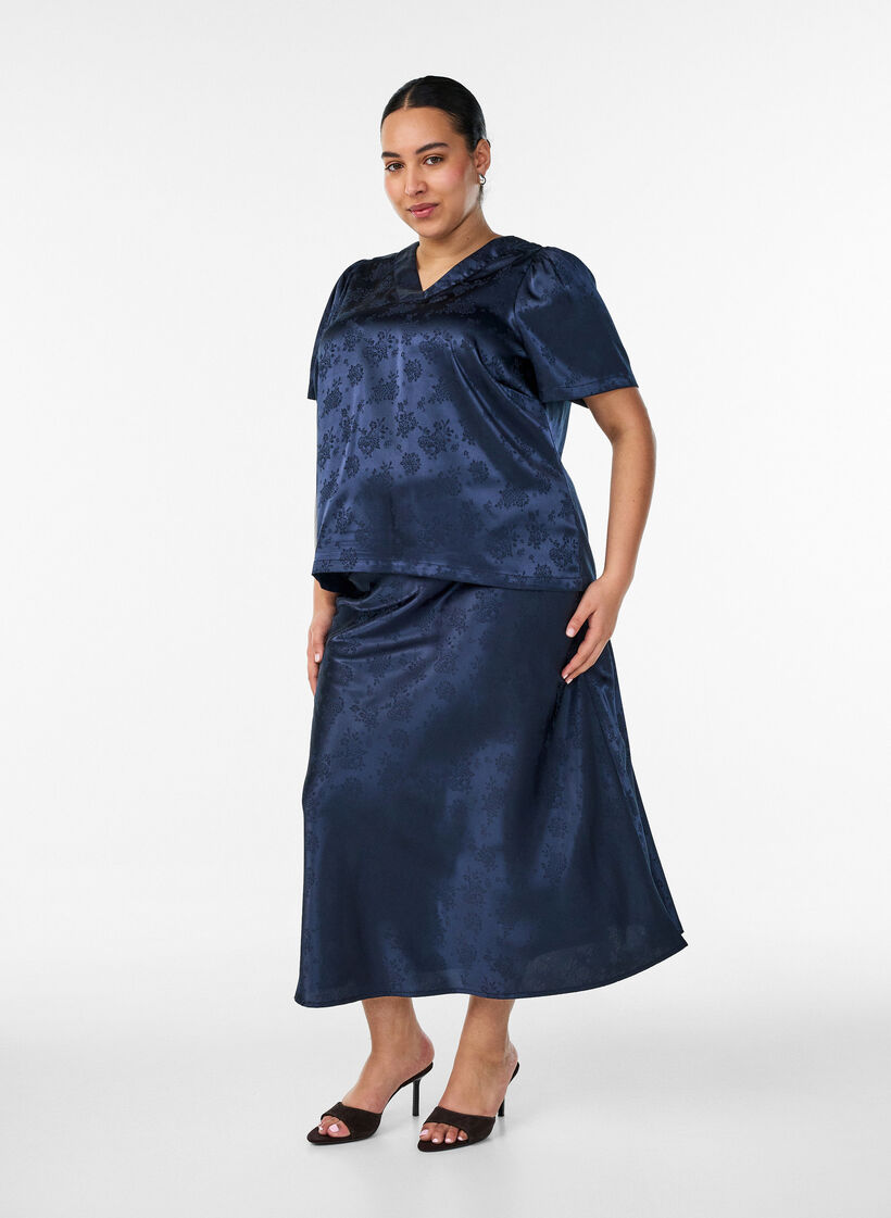 Satin skirt with a tonal floral pattern, Blue, Model image number 0