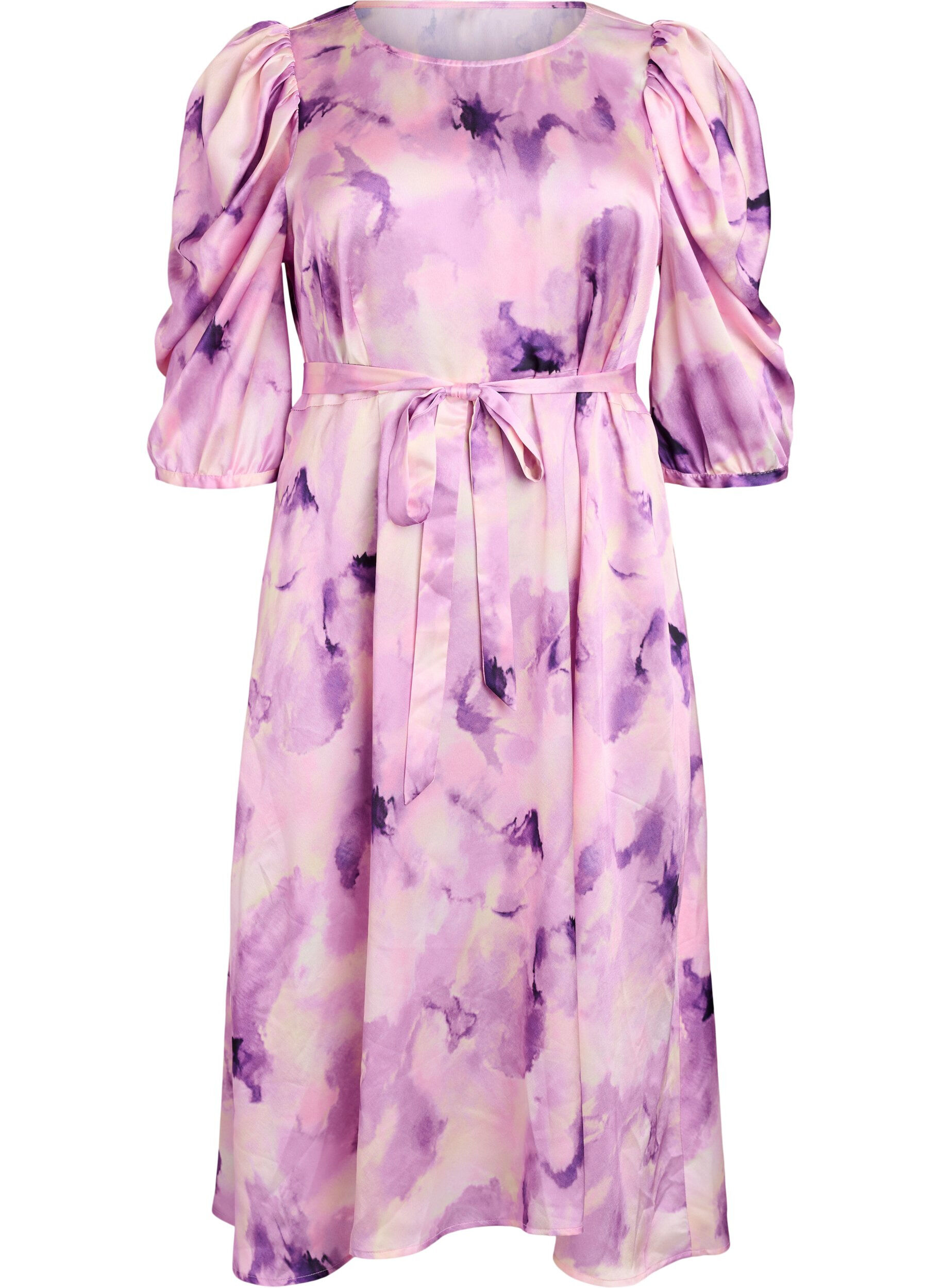 Short-sleeved party dress with tie-belt