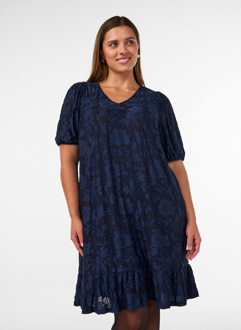 Dress with floral texture and ruffle trim, Blue, Model image number 0