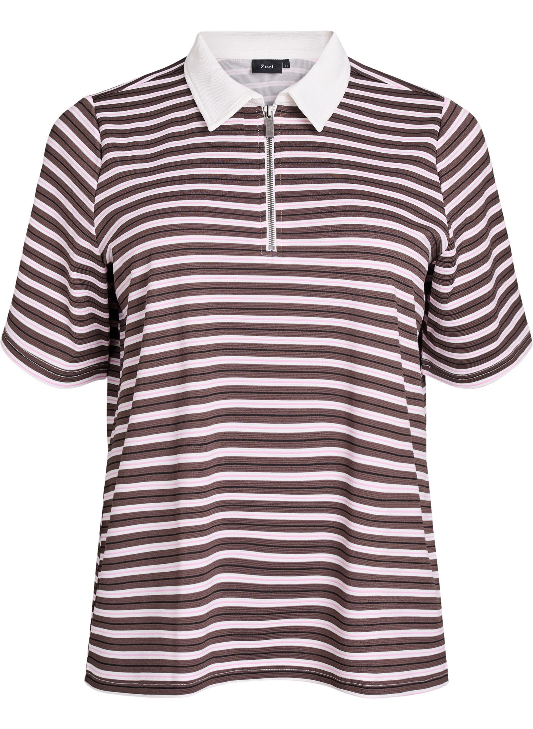 Striped polo shirt with short sleeves and zip