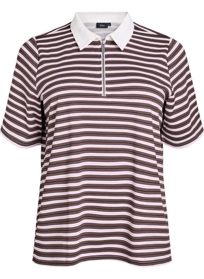 Striped polo shirt with short sleeves and zip, Brown, Packshot image number 0