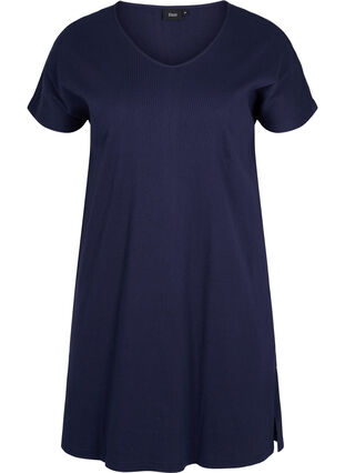 Short-sleeved cotton dress in rib knit, Navy Blazer, Packshot image number 0