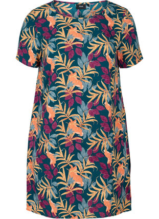 Short-sleeved tunic with a round neck, Green w. Leaf AOP, Packshot image number 0