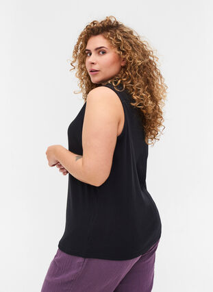 Sleeveless cotton top with a high neck in ribbed fabric, Black, Model image number 1