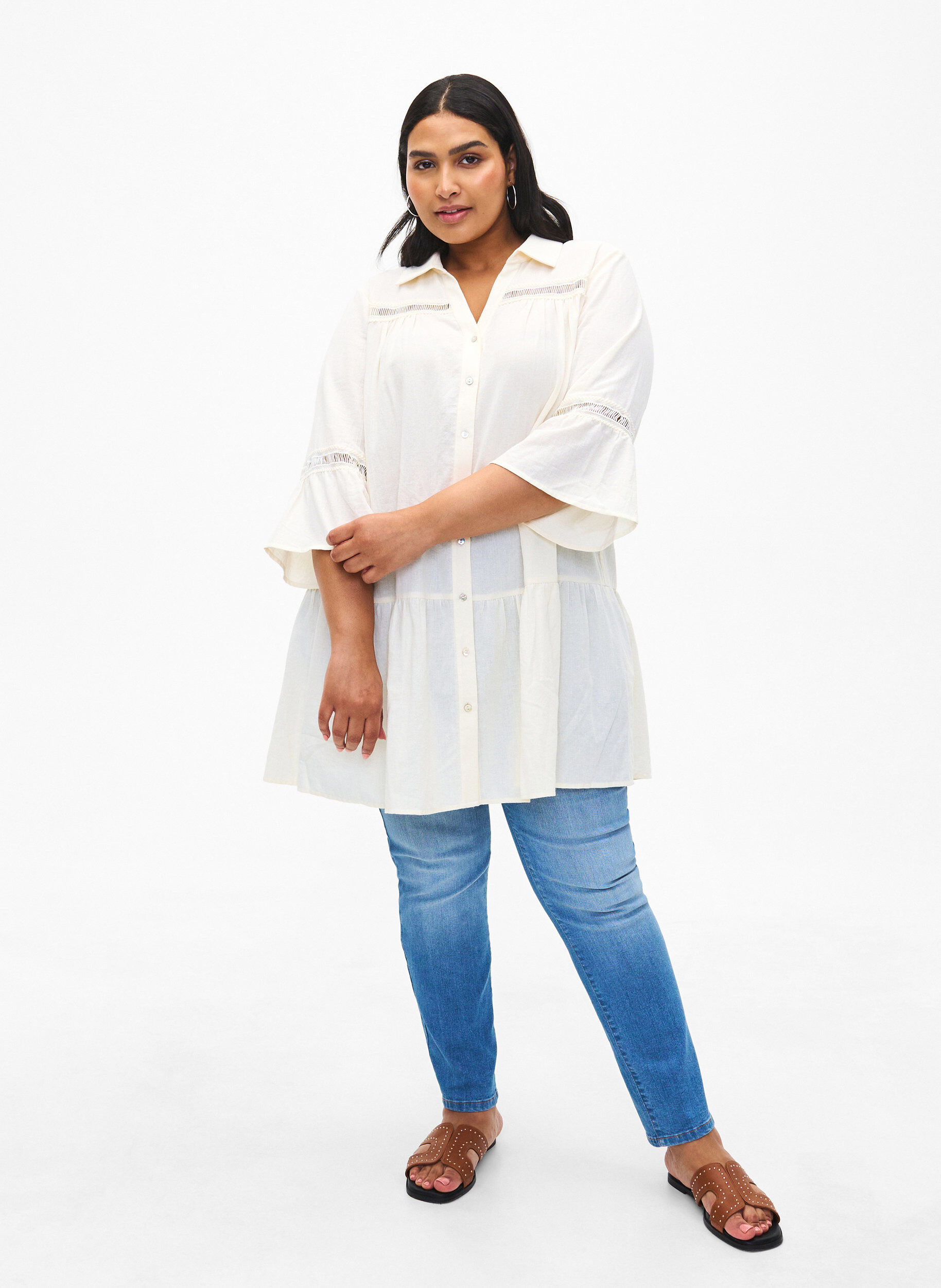Zizzifashion Organic cotton tunic with feminine details, Antique White, Model image number 2