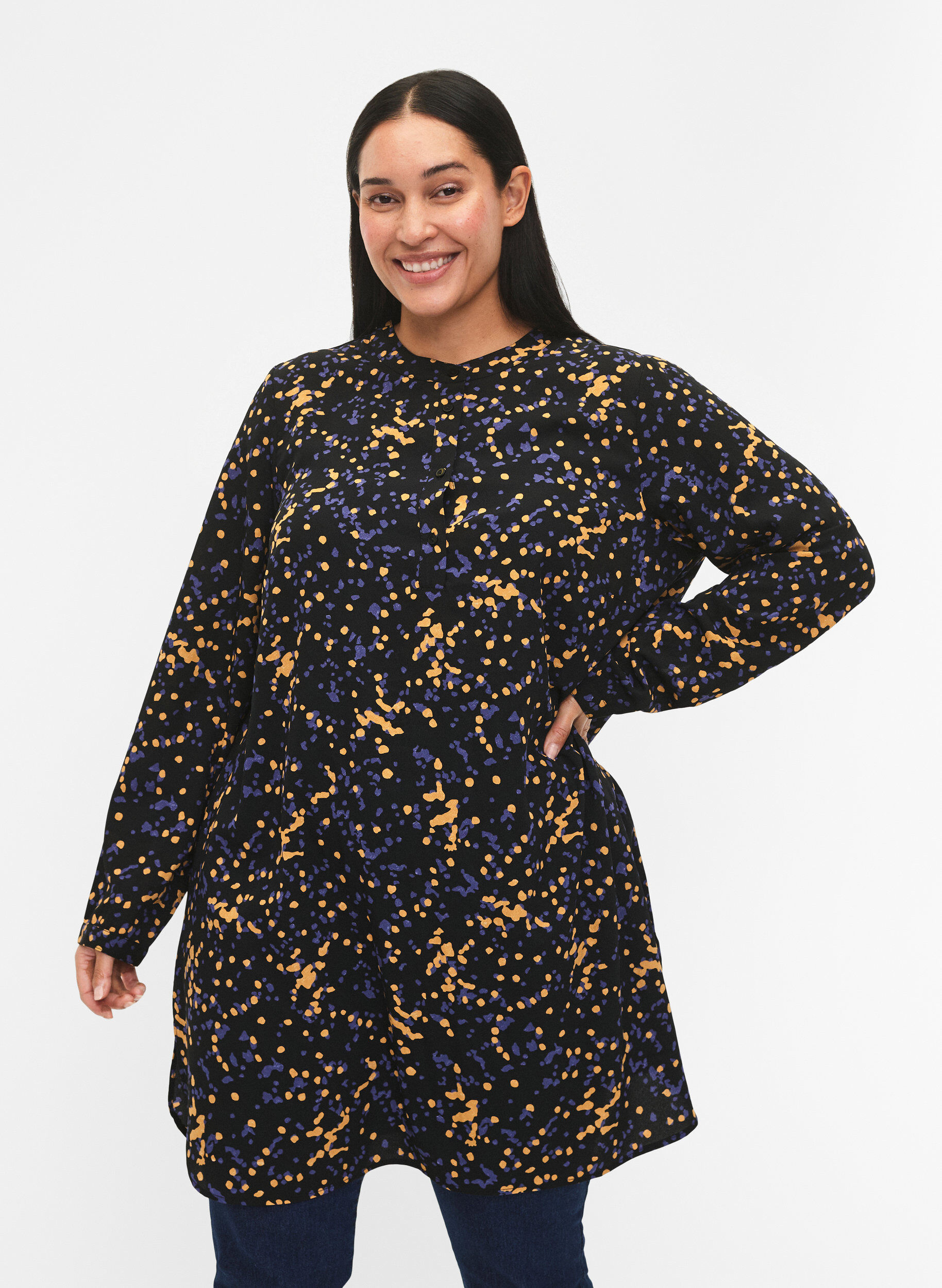 Zizzifashion FLASH - Printed tunic with long sleeves, Black Splash AOP, Model image number 0