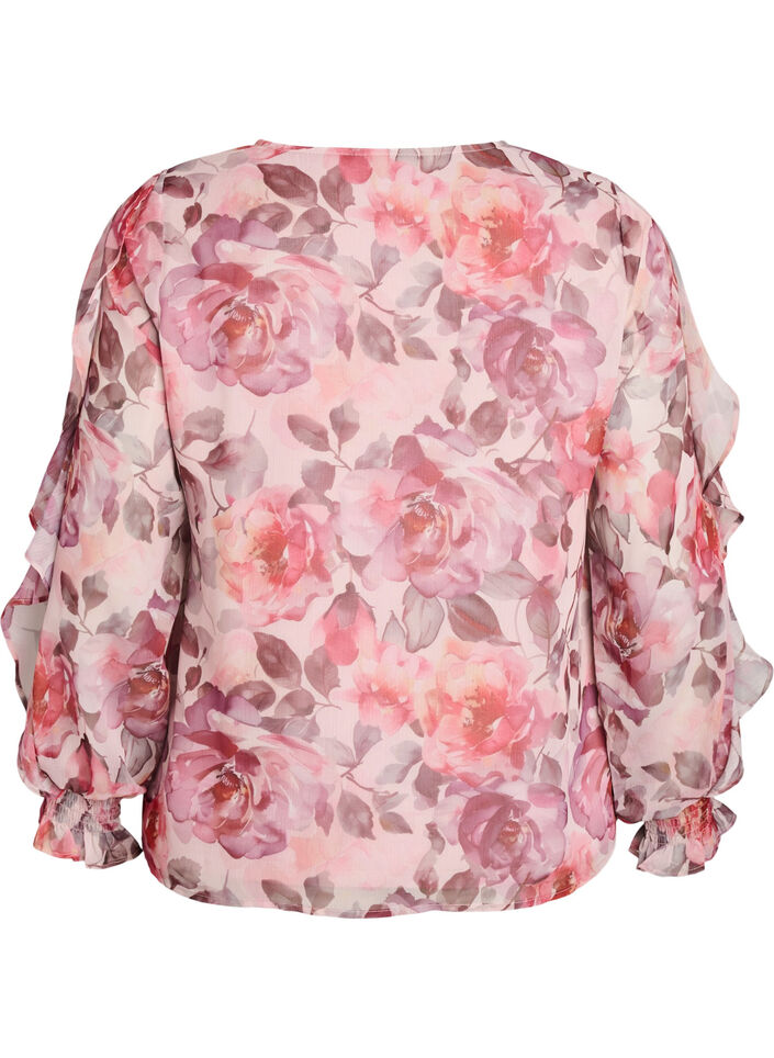 Floral blouse with a V-neck and ruffle sleeves, Rose, Packshot image number 1