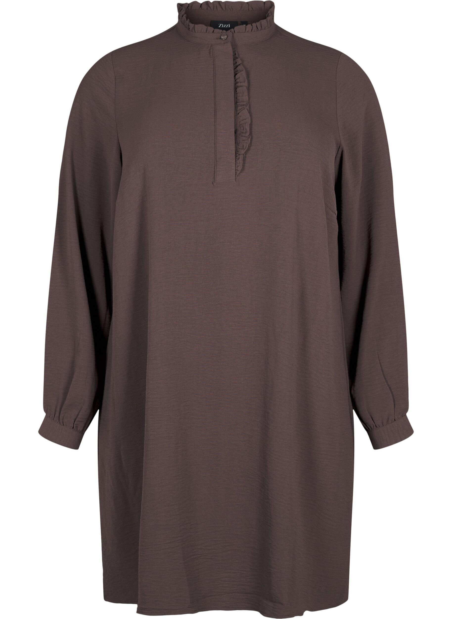 Zizzifashion Long-sleeved dress with ruffle detail, Chocolate Martini, Packshot image number 0