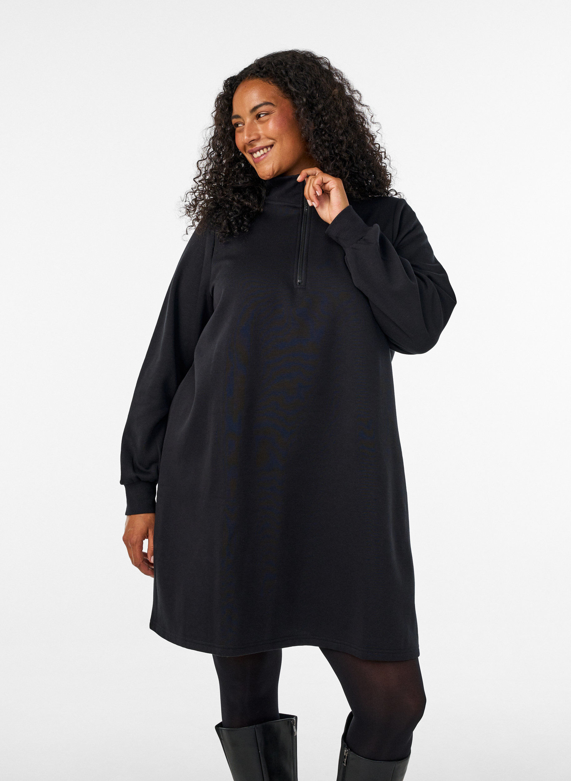 ZizzifashionSweatshirt dress with a high ribbed collar and zip, Black, Model image number 0
