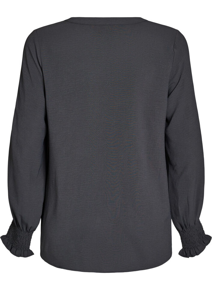 Blouse with smock cuffs and V-neck, Dark Grey, Packshot image number 1
