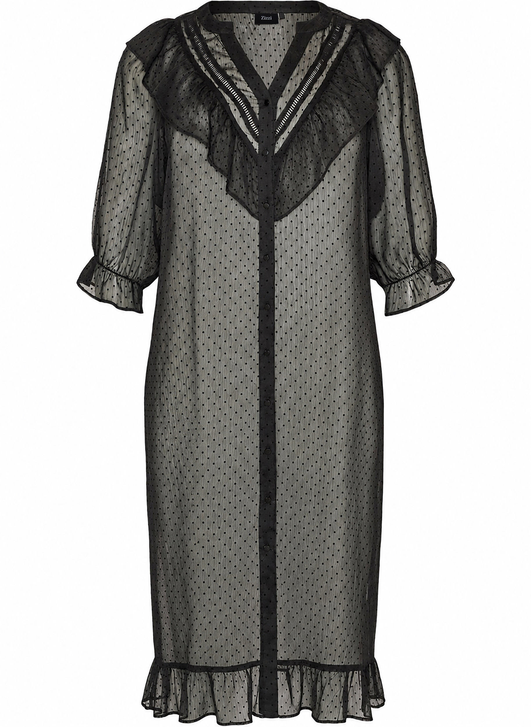 ZizzifashionMidi dress in a lightweight, sheer fabric with dots and ruffles, Black, Packshot image number 0
