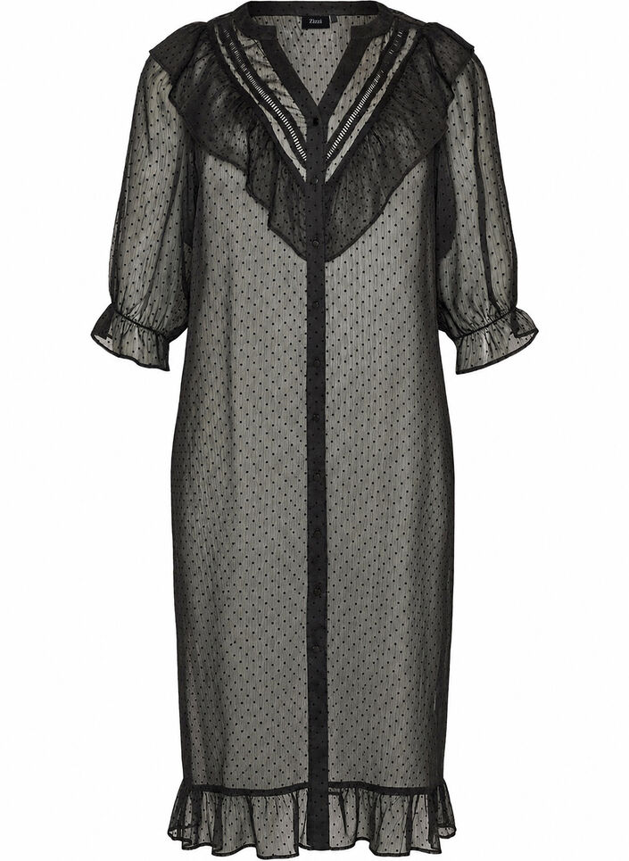 Midi dress in a lightweight, sheer fabric with dots and ruffles, Black, Packshot image number 0