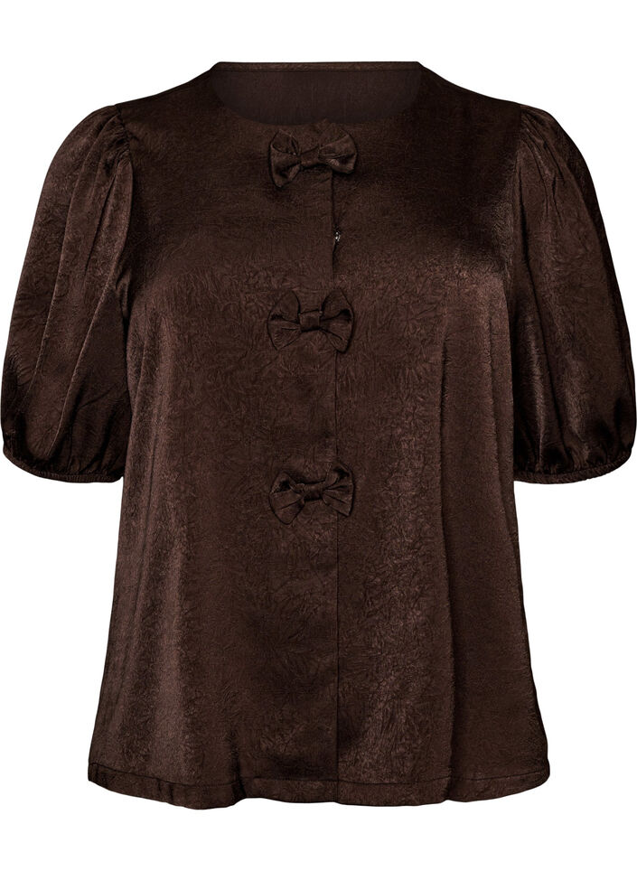 Satin blouse with bows and elbow-length sleeves, Brown, Packshot image number 0