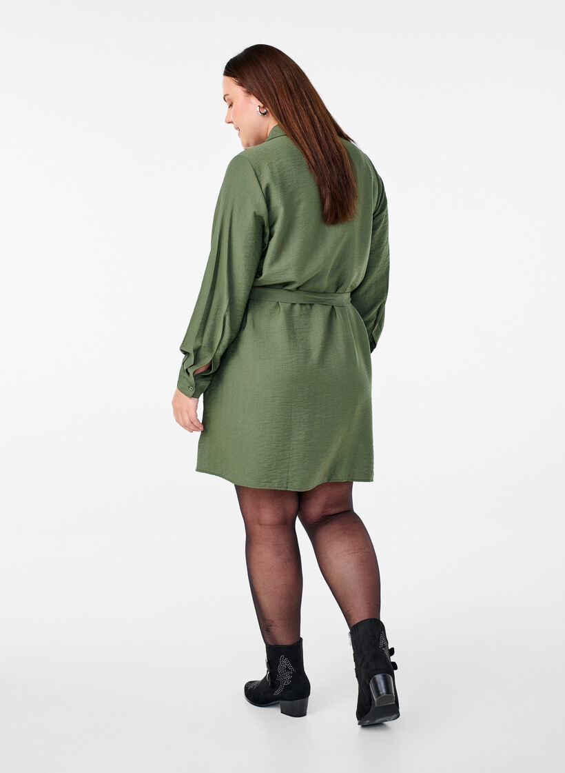 Shirt dress with tie belt and long sleeves, Green, Model image number 2