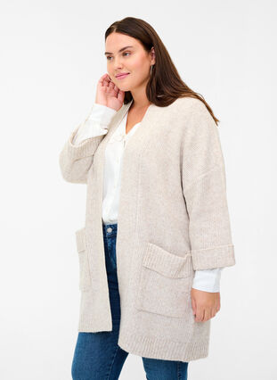 Long knitted cardigan with large pockets, Pumice Stone Mel, Model image number 0