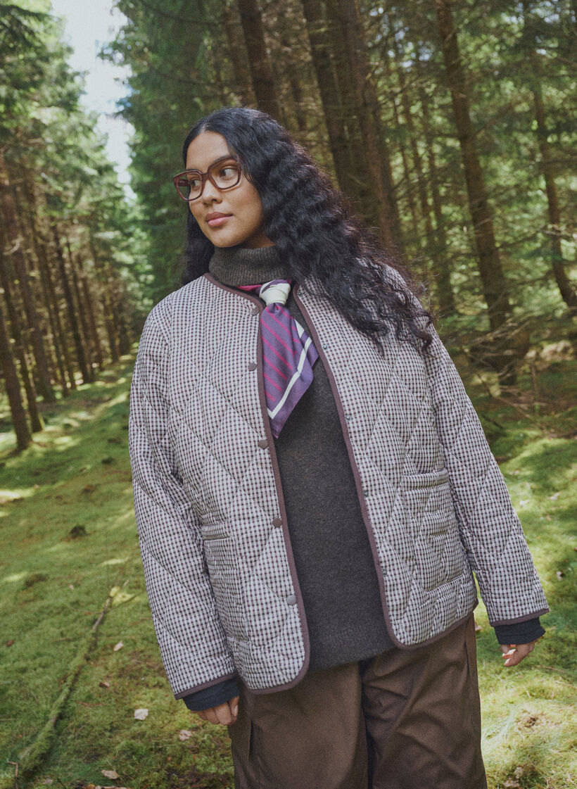 Quilted jacket with small checks and contrast trim, Brown, Image image number 0