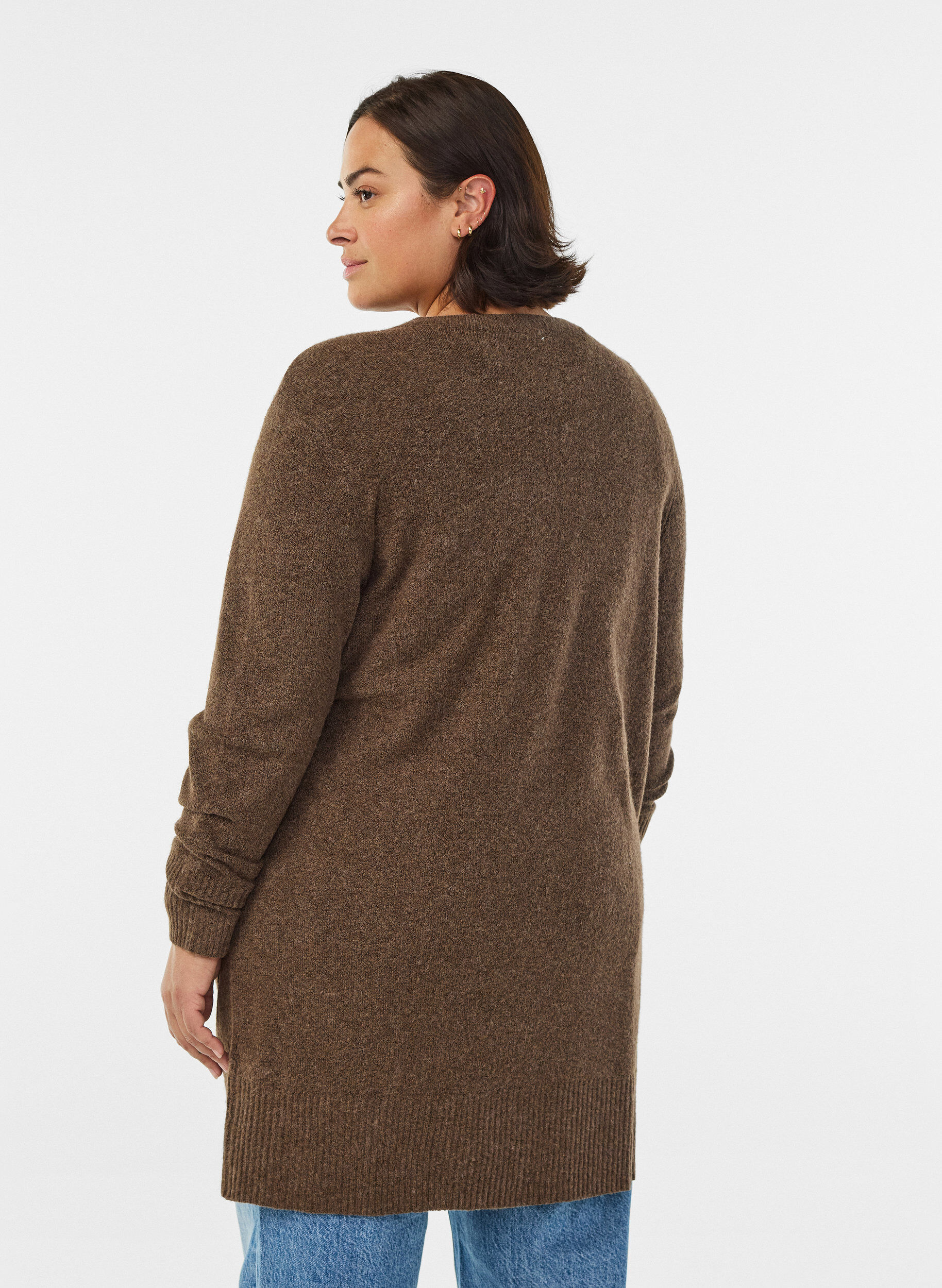 Zizzifashion Ribbed Knit Cardigan with Pockets, Brown, Model image number 2