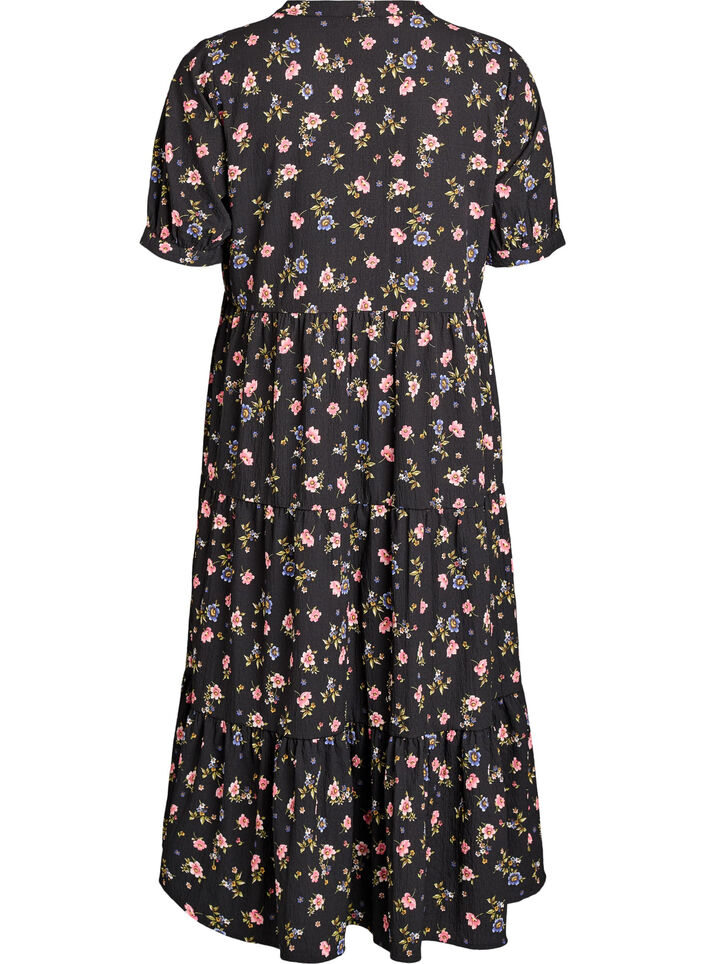 Ankle-length dress with short sleeves and tiered ruffles, Black, Packshot image number 1