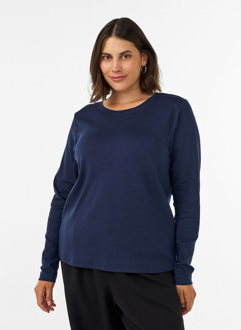 Long-sleeved basic T-shirt with a round neck, Blue, Model image number 0