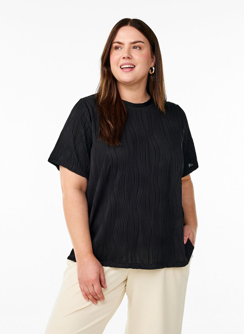 Blouse with short sleeves and a wavy texture, Black, Model image number 0