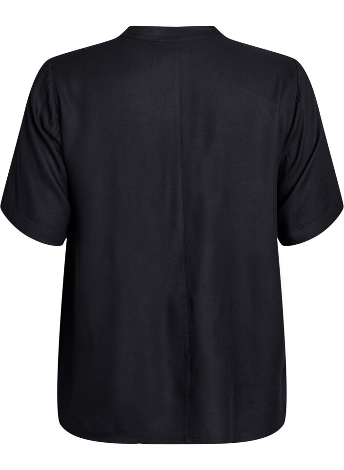 Short-sleeved blouse with diagonal button fastening, Black, Packshot image number 1
