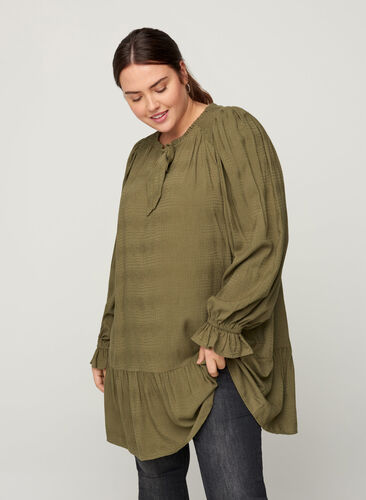 Viscose tunic with puff sleeves and a bow, Green ASS, Model image number 0