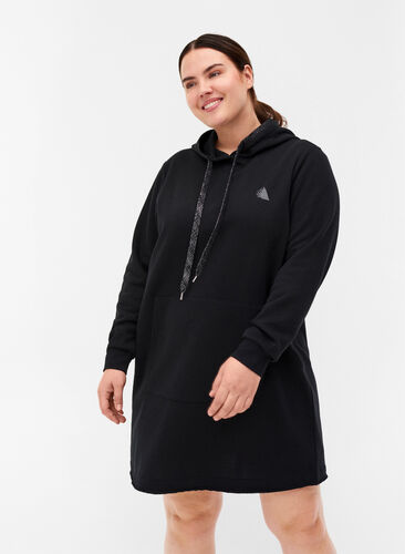 Long sweatshirt with hood and large pocket, Black, Model image number 0