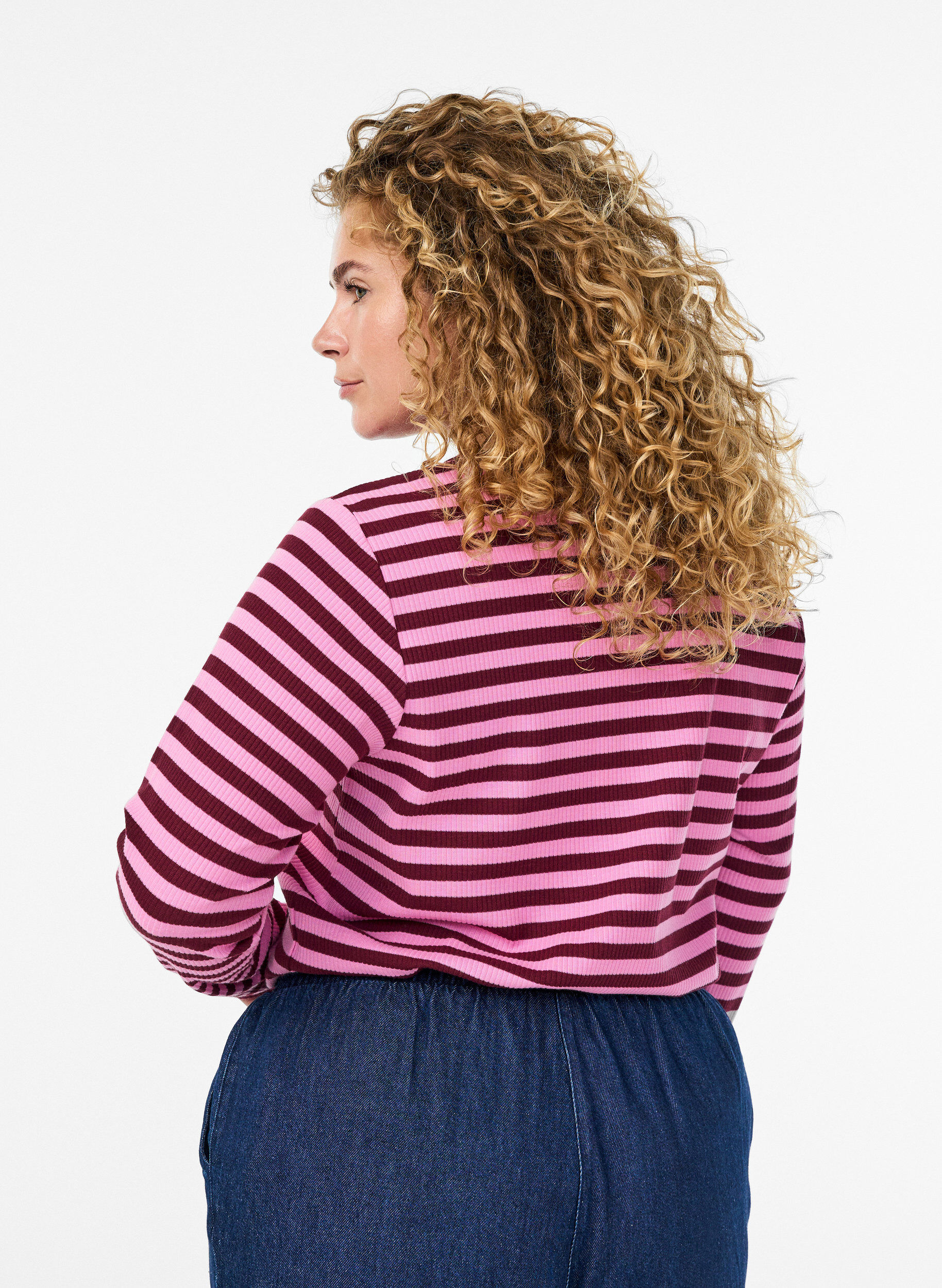 Zizzifashion Striped jersey blouse with a ribbed texture, Pink, Model image number 2