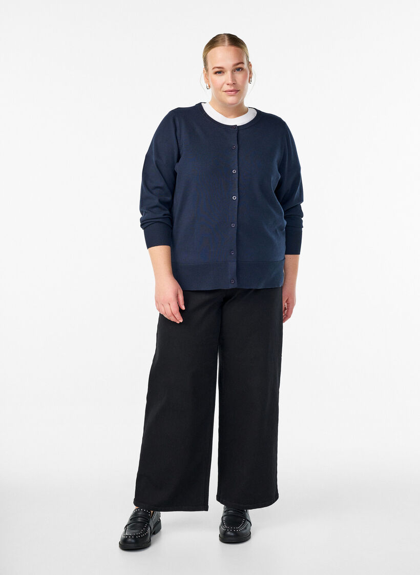 Fine-knit cardigan with round neck, Blue, Model image number 1