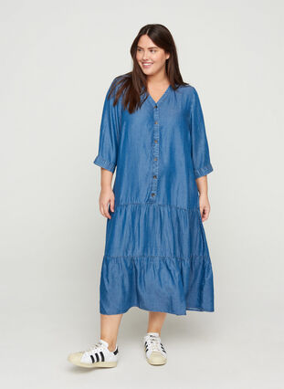 Midi dress with buttons and 3/4 sleeves, Blue denim, Model image number 0