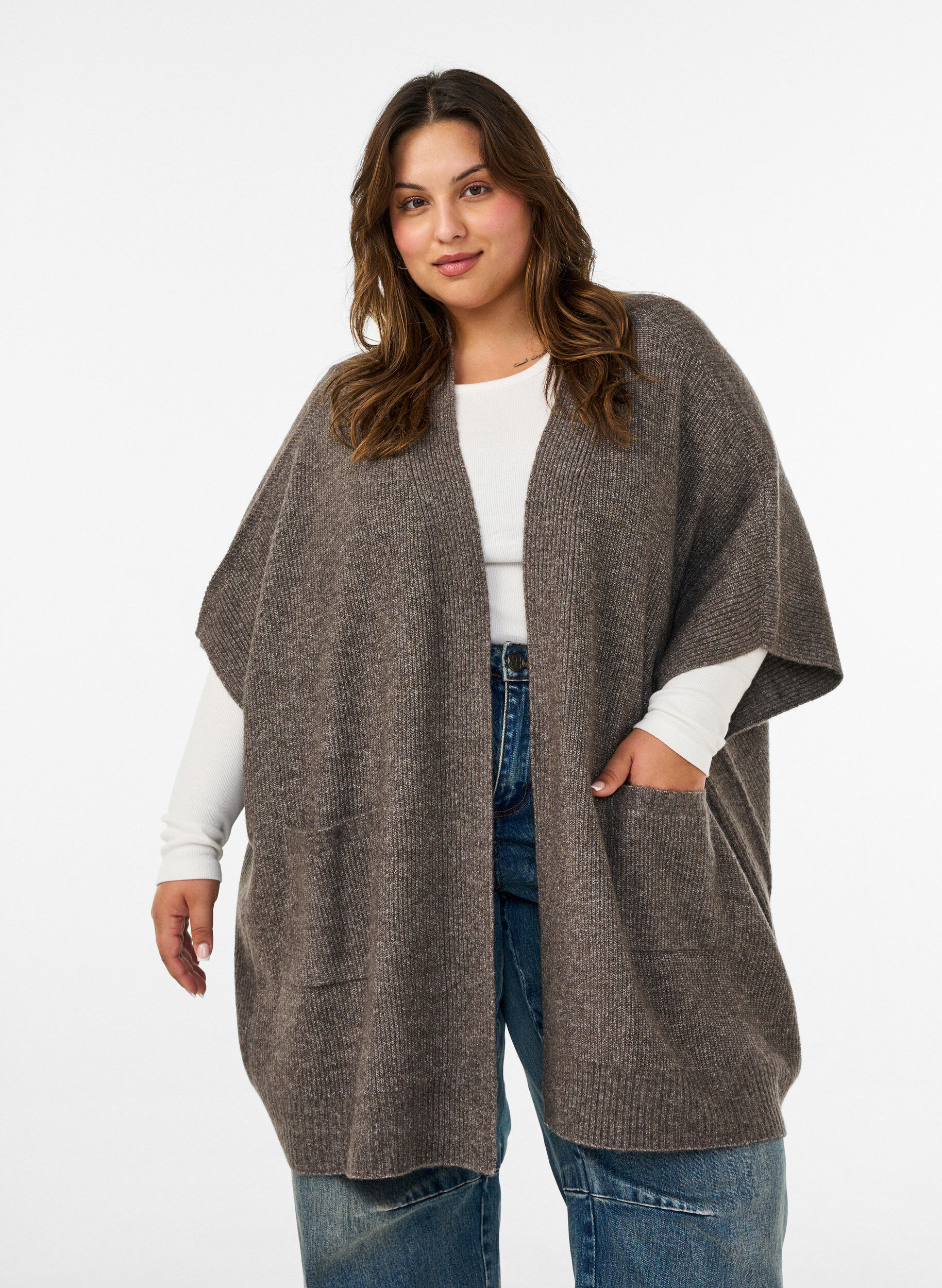 ZizzifashionCardigan with open front and wide sleeves, Brown, Model image number 0