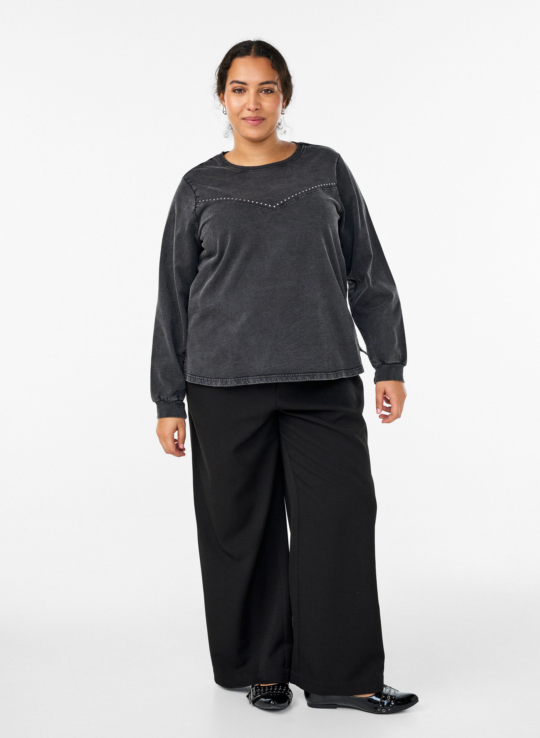 Zizzifashion Sweatshirt with rhinestones and washed effect, Dark Grey, Model image number 1