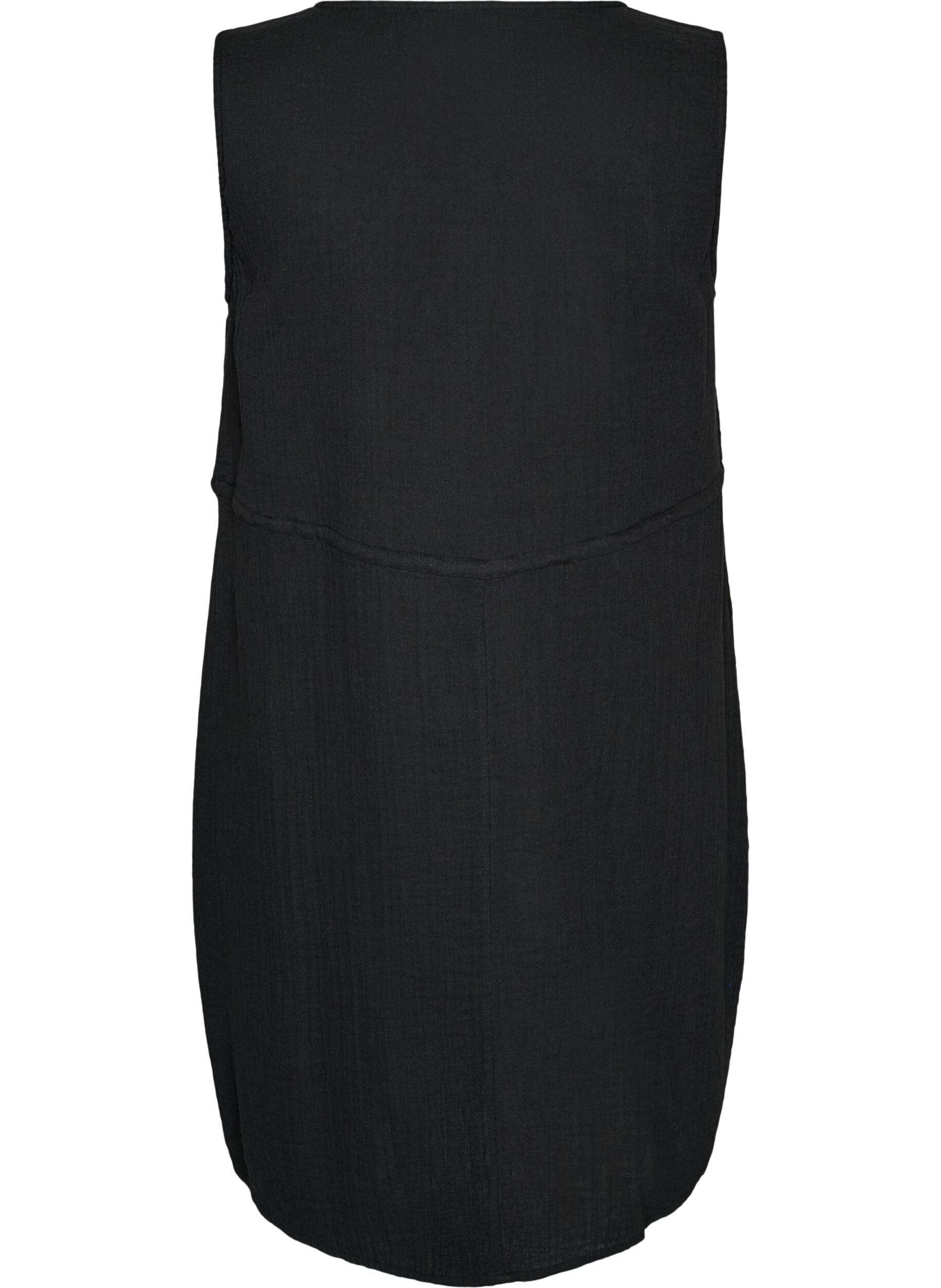 Zizzifashion Sleeveless cotton muslin dress with tie string, Black, Packshot image number 3