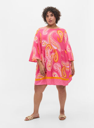Printed viscose tunic with 3/4 sleeves, Pink Paisley, Model image number 2