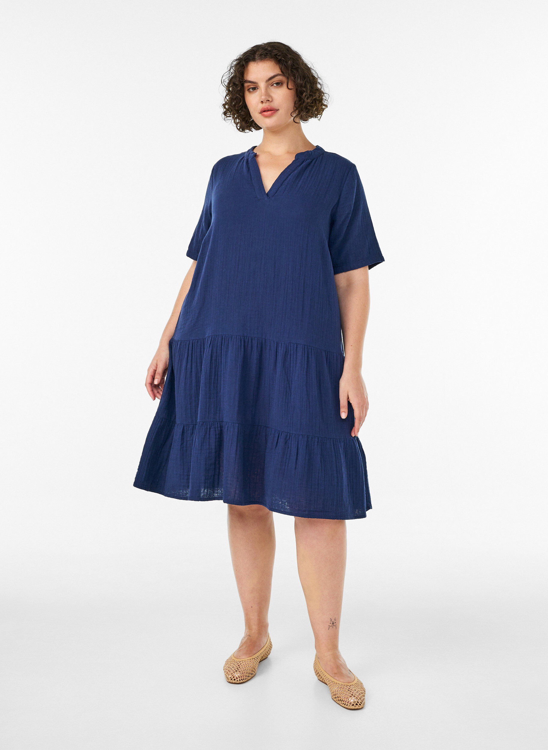 ZizzifashionShort A-line dress in cotton muslin, Blue, Model image number 1