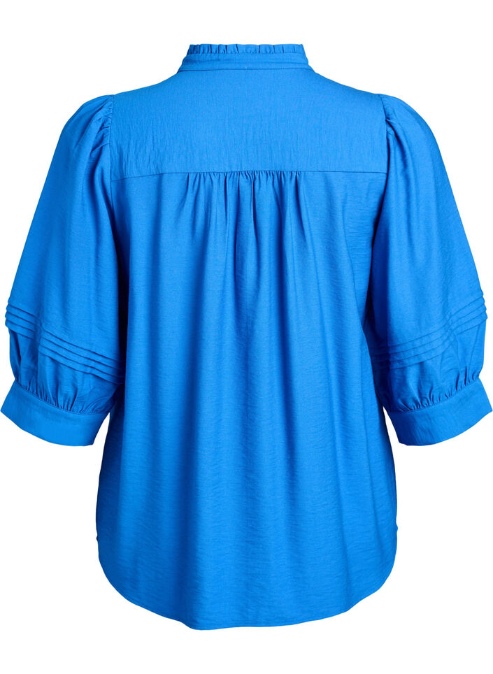 Blouse with 3/4 sleeves and decorative pleats, Blue, Packshot image number 1