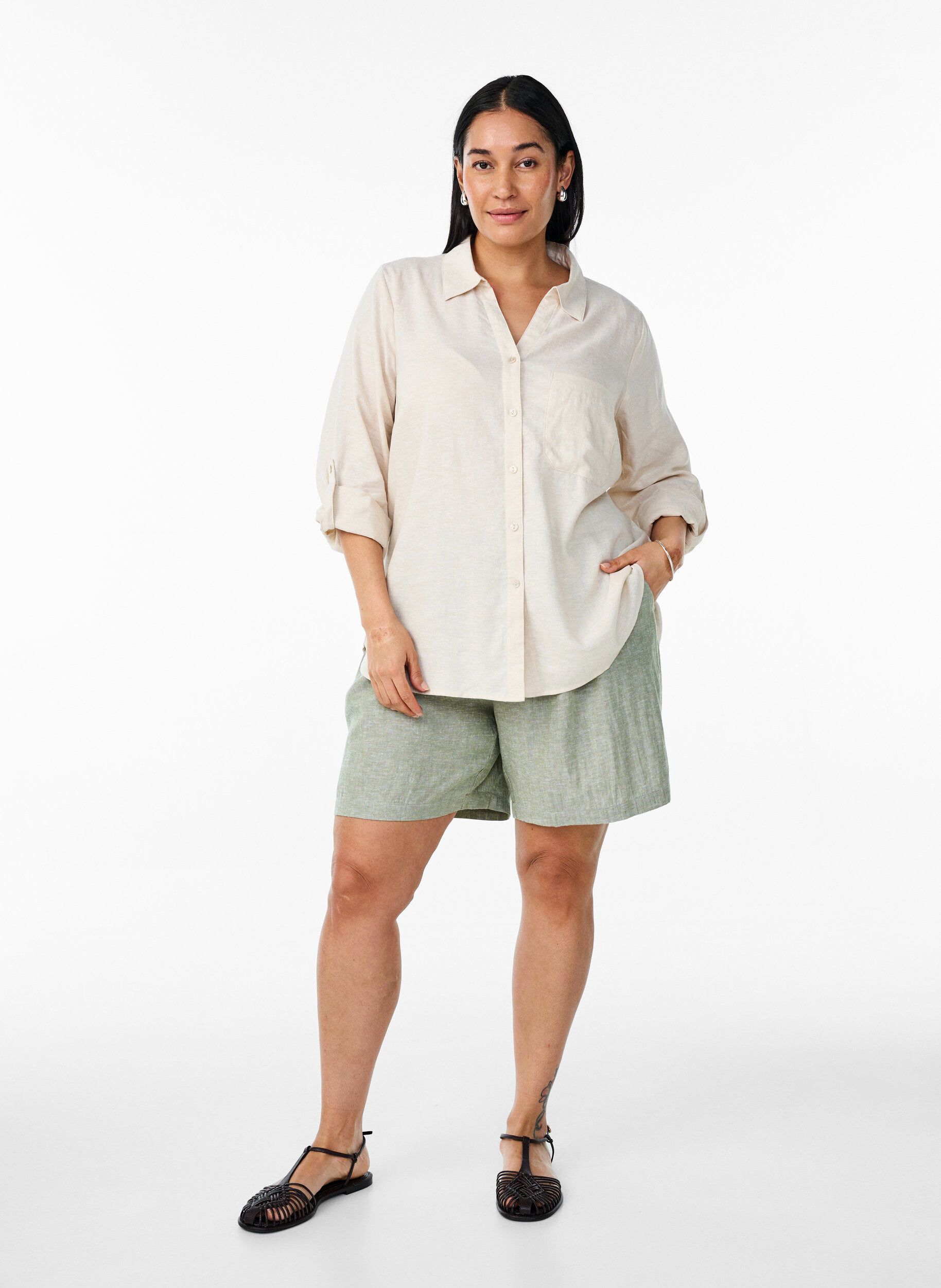 Zizzifashion Shirt in linen and viscose with 3/4 sleeves, Beige, Model image number 1