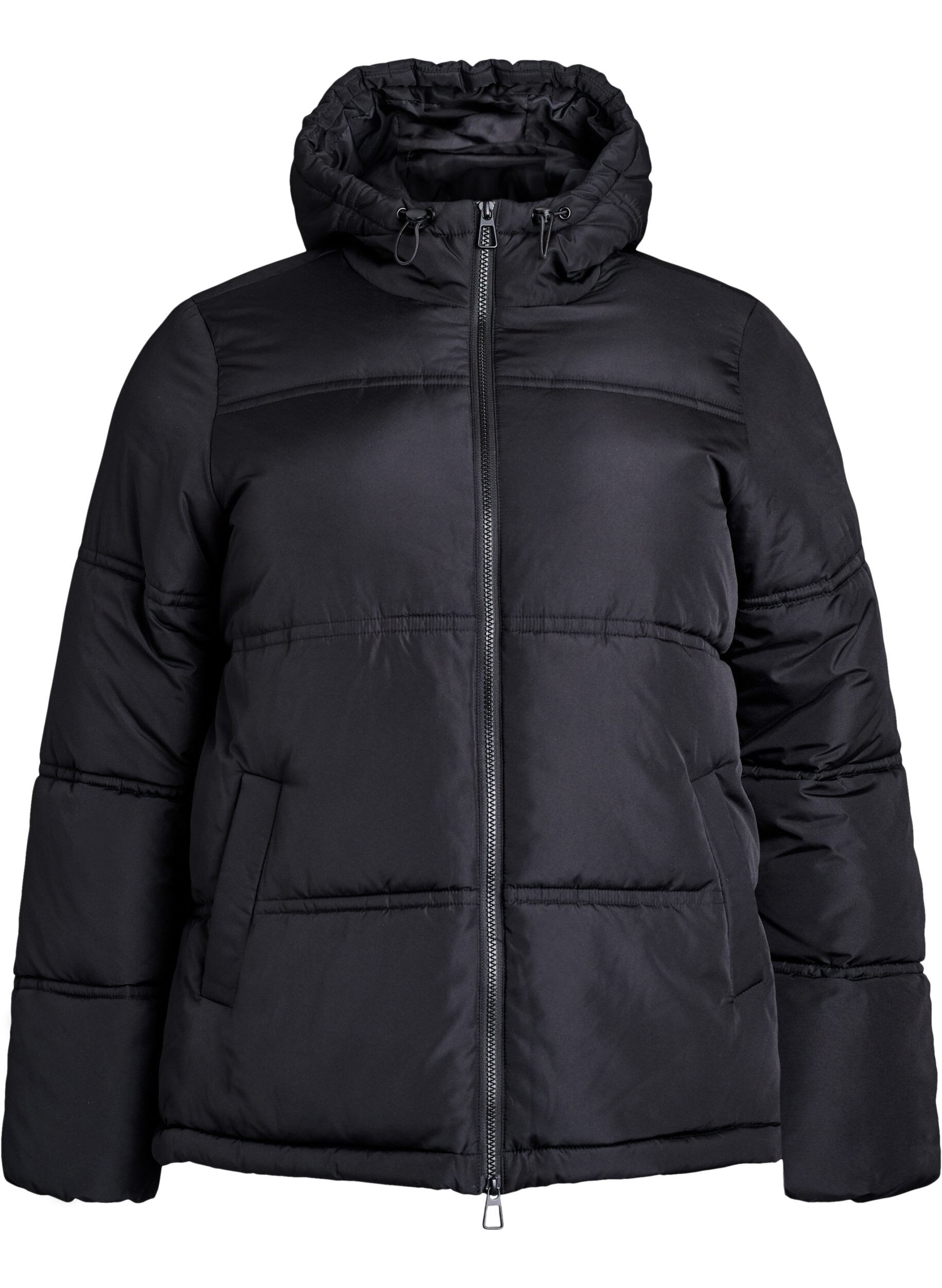Short puffer jacket with a hood and two-way zipper