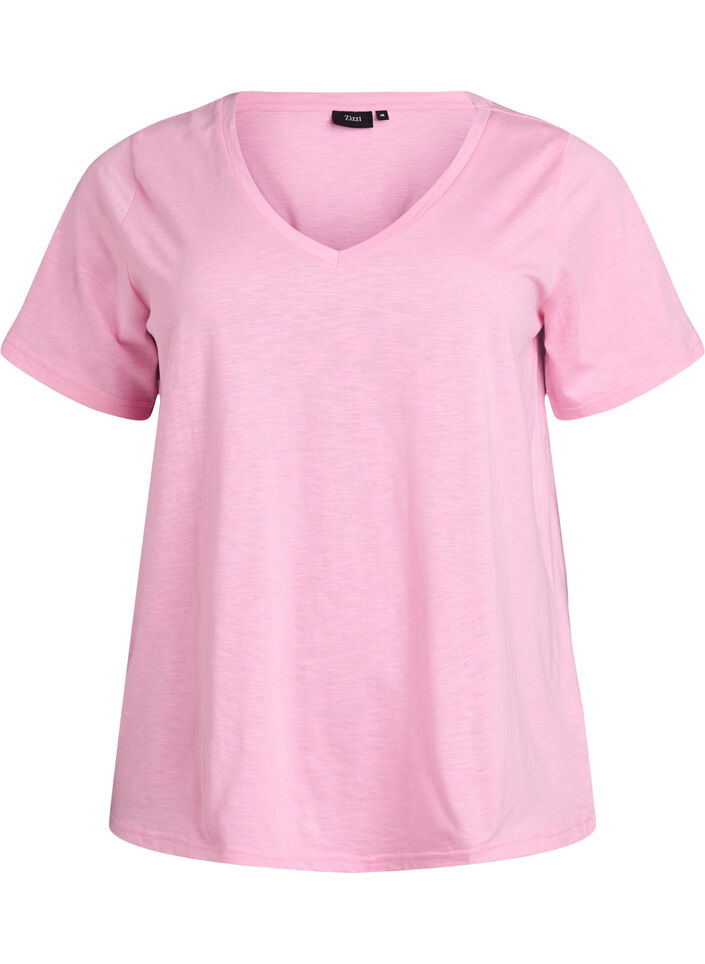 Short-sleeved basic t-shirt with v-neck, Pink, Packshot image number 0