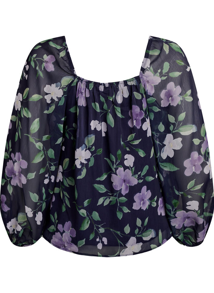 Chiffon blouse with floral print and long sleeves, Blue, Packshot image number 1