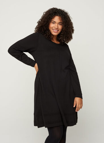 Long-sleeved knitted dress with an A-line shape, Black, Model image number 0