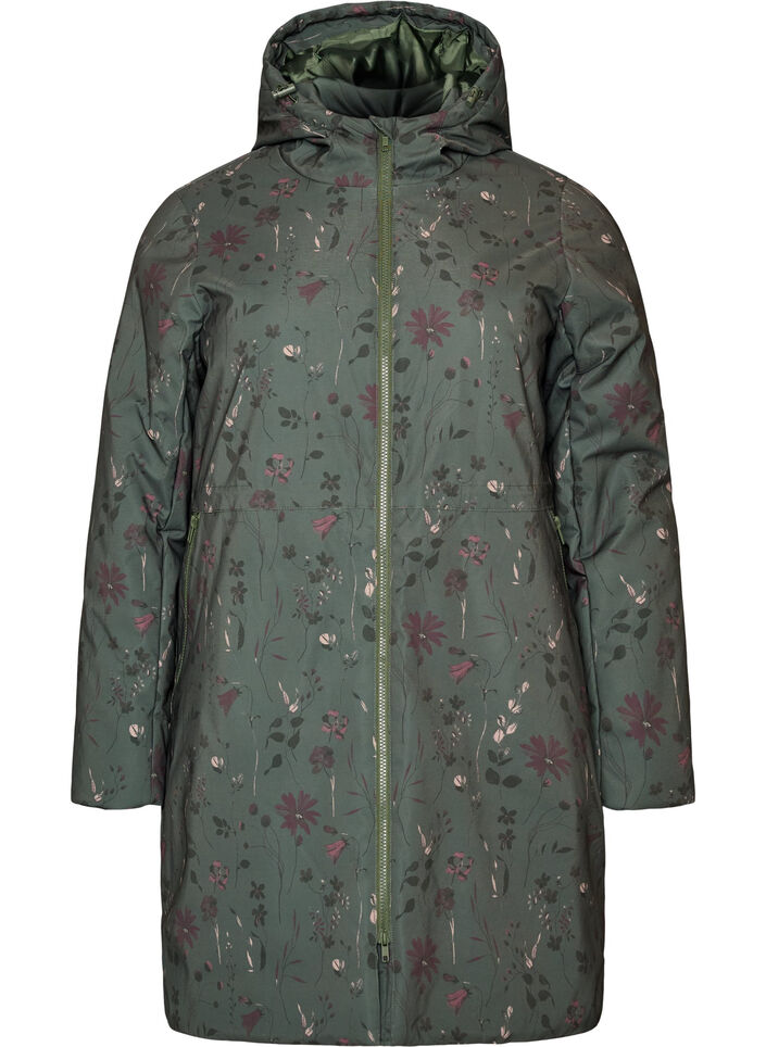 Padded winter jacket with floral print, Green, Packshot image number 0