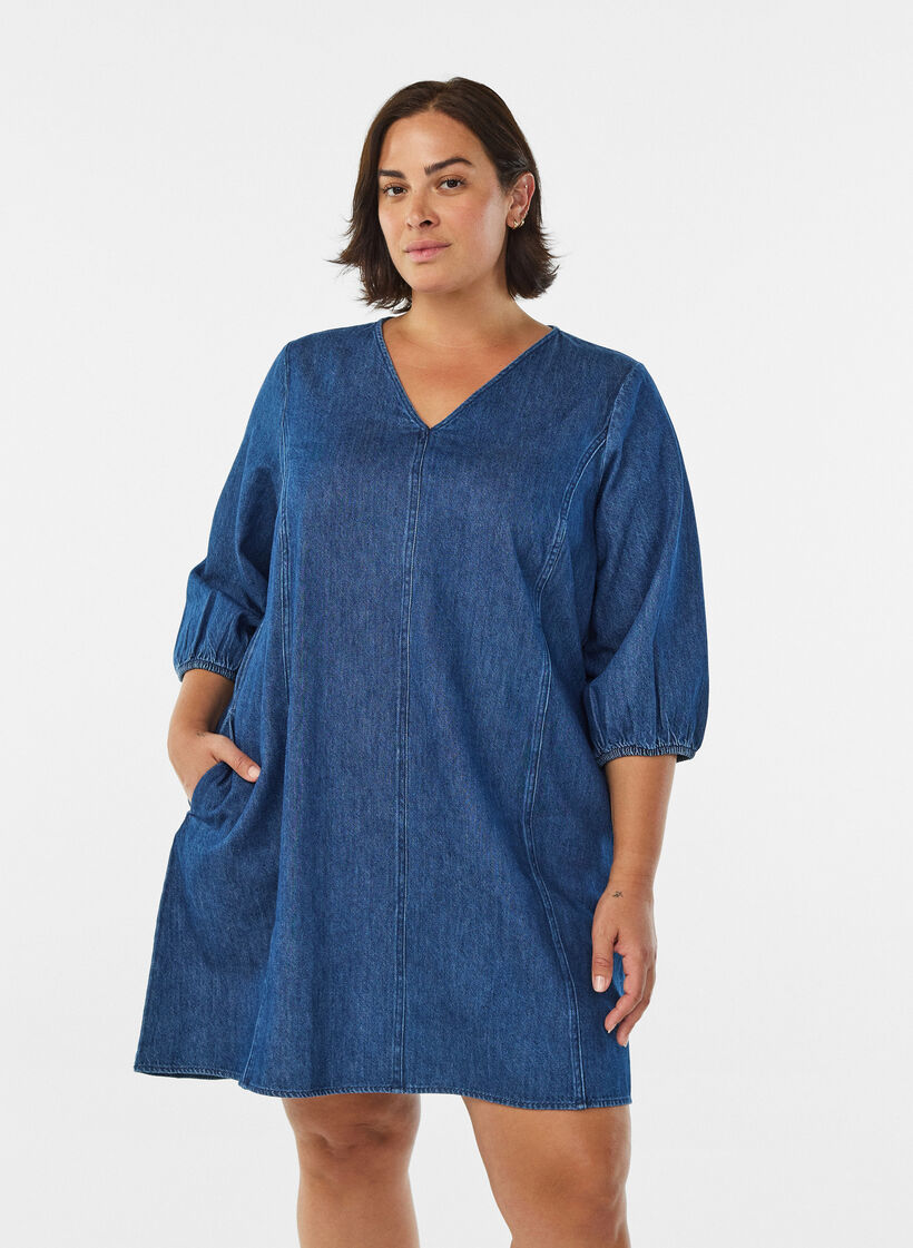 Short denim dress with 3/4 sleeves, Blue, Model image number 0