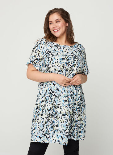 Printed viscose tunic with short sleeves, Brush Stroke AOP, Model image number 0
