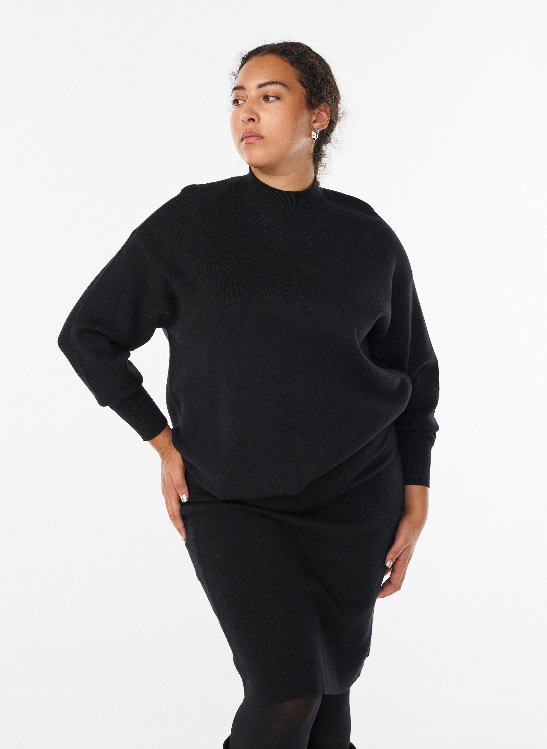 ZizzifashionShort knit skirt with a wide waistband, Black, Model image number 1