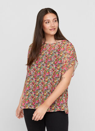 Short-sleeved blouse with a floral print, Pink Flower AOP, Model image number 0