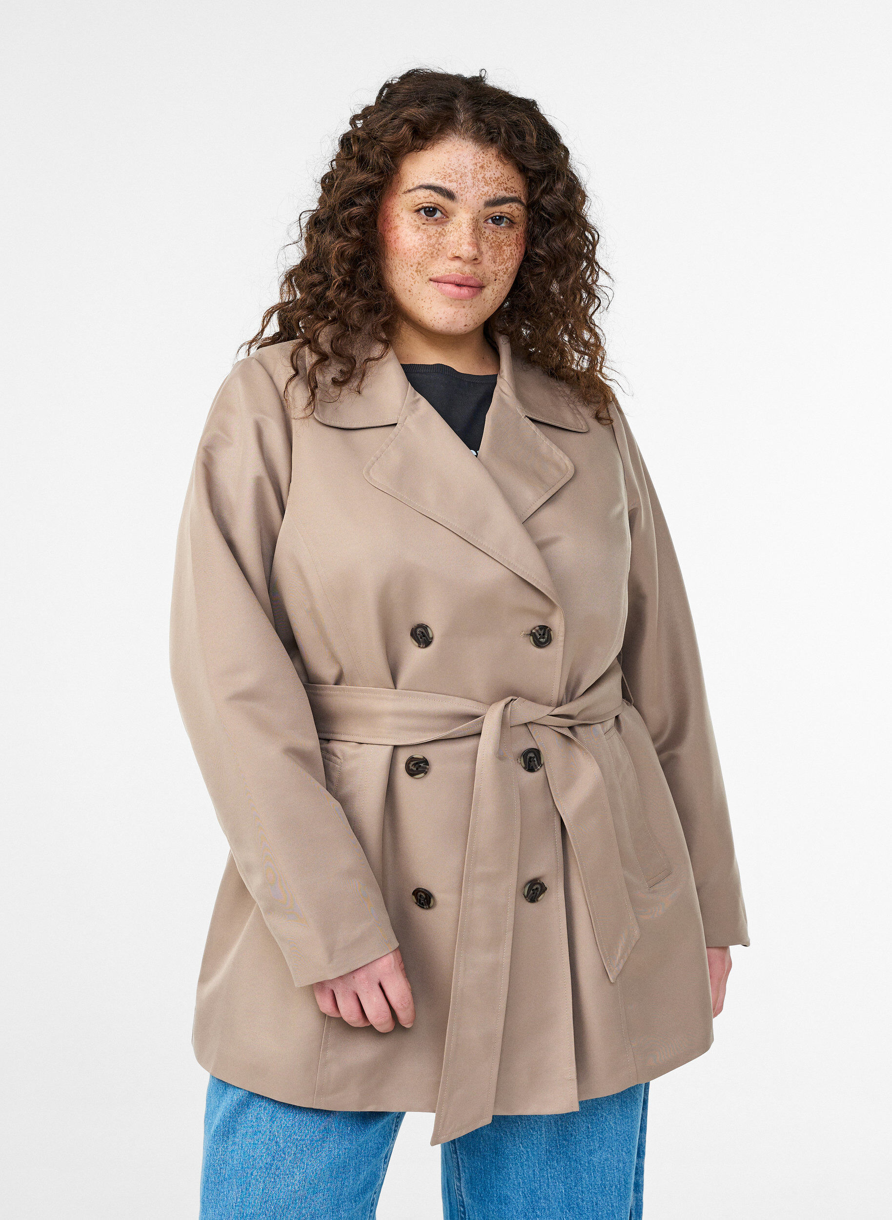 Short trench coat with belt, Grey, Model